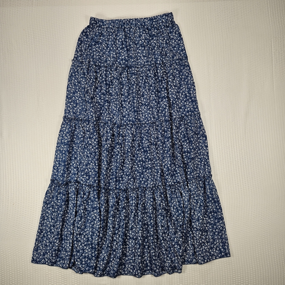 Verdusa Blue Floral Tiered Maxi Skirt Boho Cottagecore Size M NWT